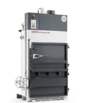 เครื่องอัดเศษวัสดุแนวตั้งแบบประตูบานพับ พร้อมที่ล็อคประตูแบบมือหมุน Hsm model v-press 610 eco